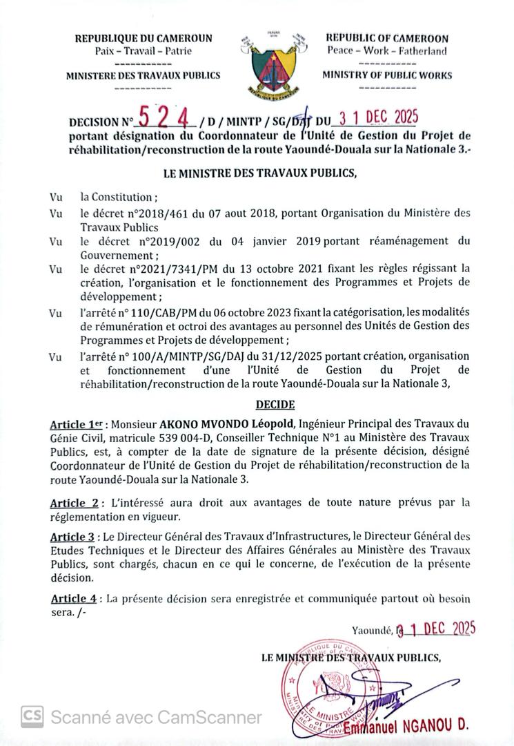 Remise à niveau de la route Yaoundé-Douala : Des actions immédiates et concrètes pour l’année 2026